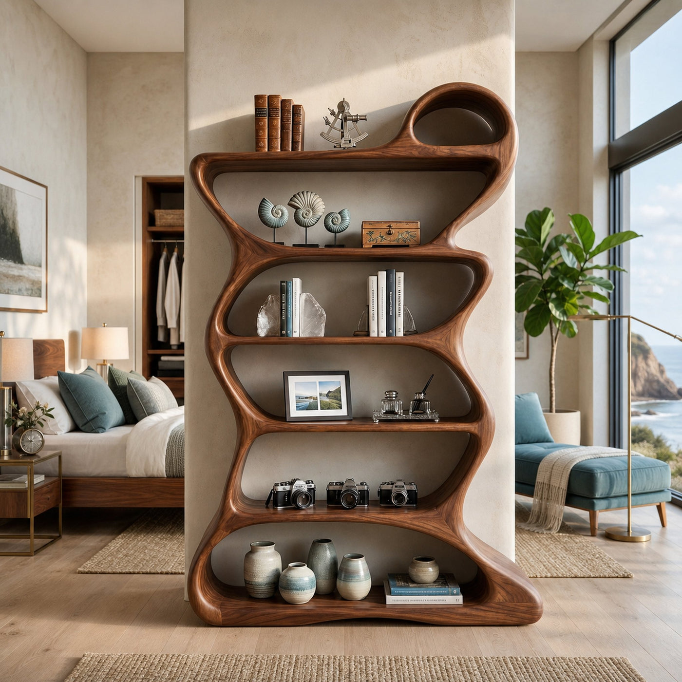 Wooden Bookshelf With Flowing Sculptural Silhouette For Living Room - product view 7