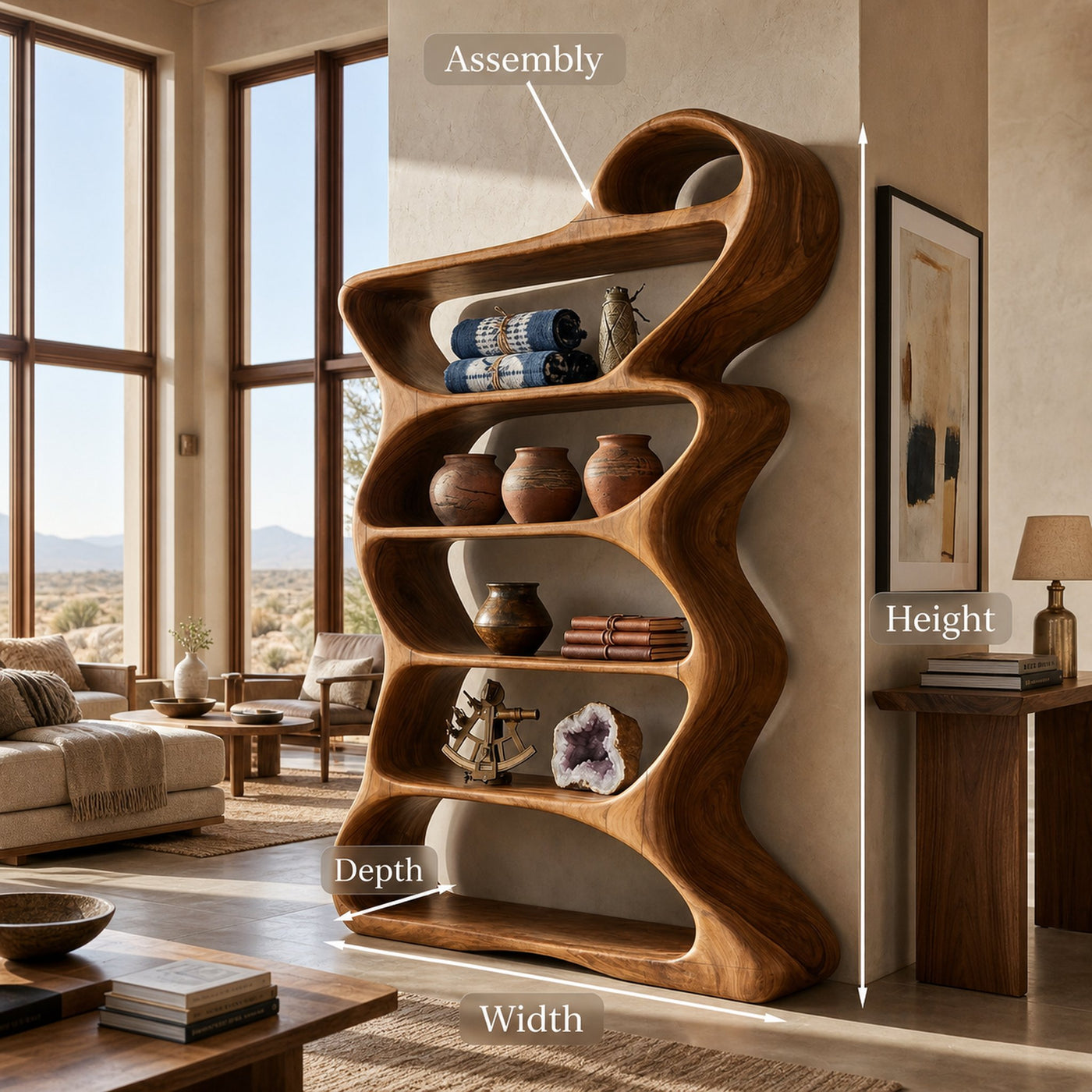 Wooden Bookshelf With Flowing Sculptural Silhouette For Living Room - product view 8