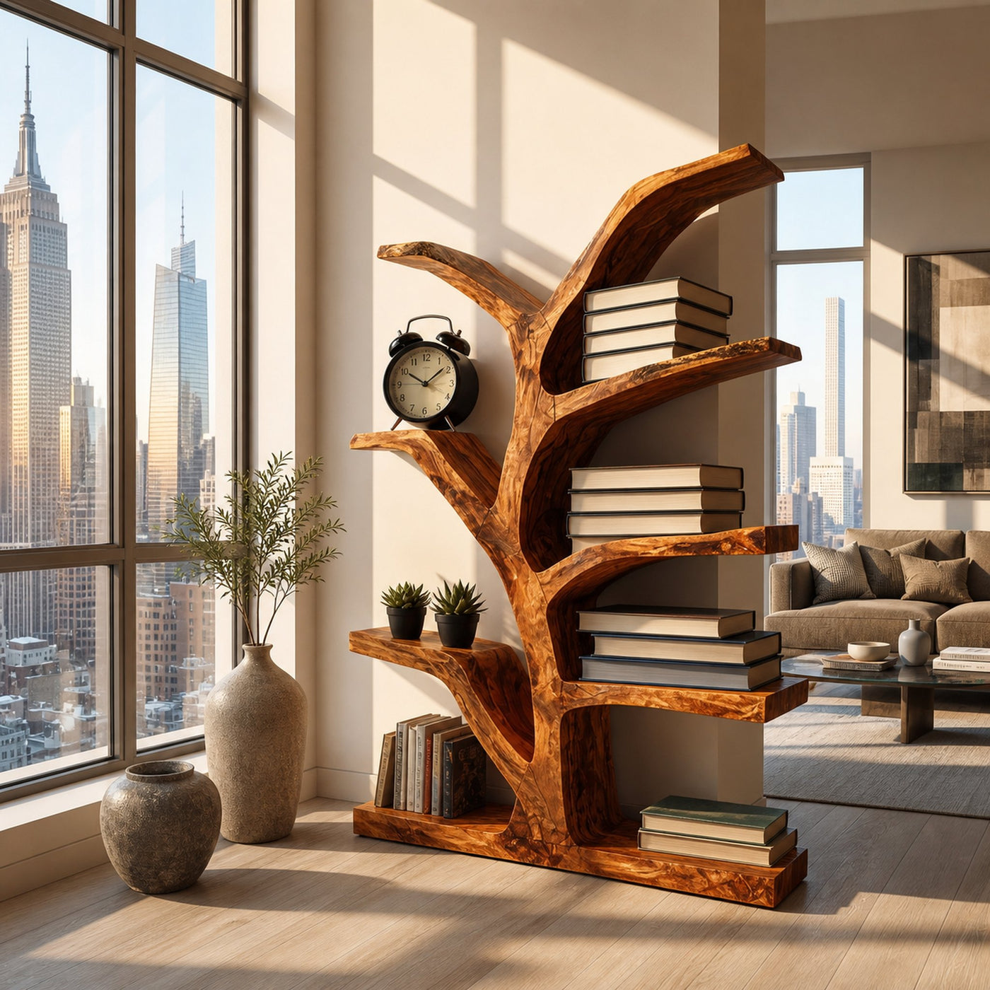 Wooden Bookshelf With Organic Form For Living Area