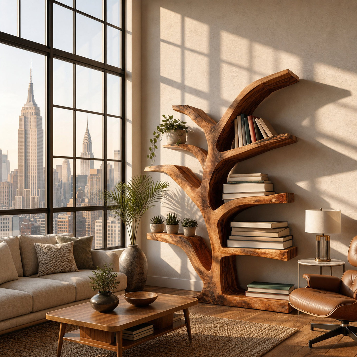 Wooden Bookshelf With Organic Form For Living Area - product view 6