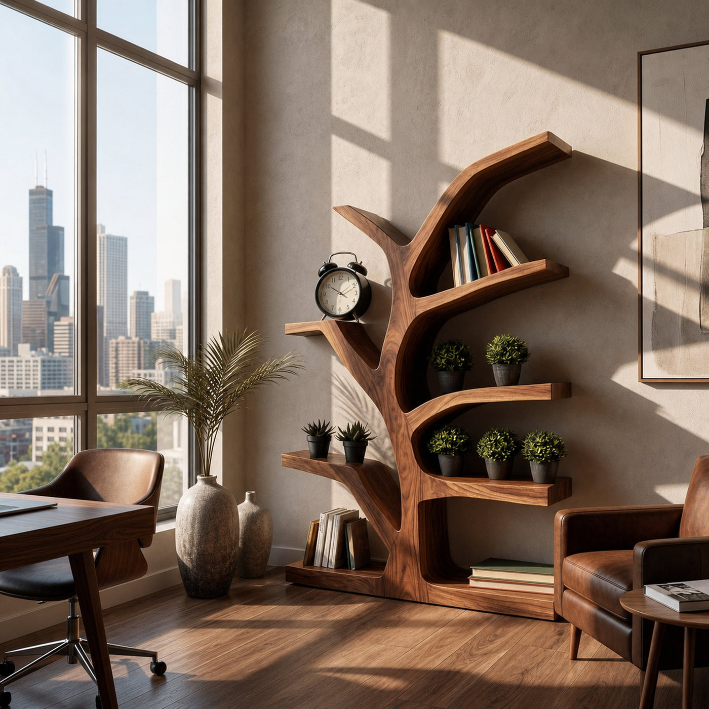 Wooden Bookshelf With Organic Form For Living Area - product view 7