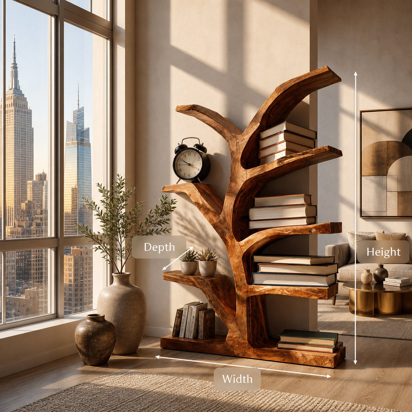 Wooden Bookshelf With Organic Form For Living Area - product view 8