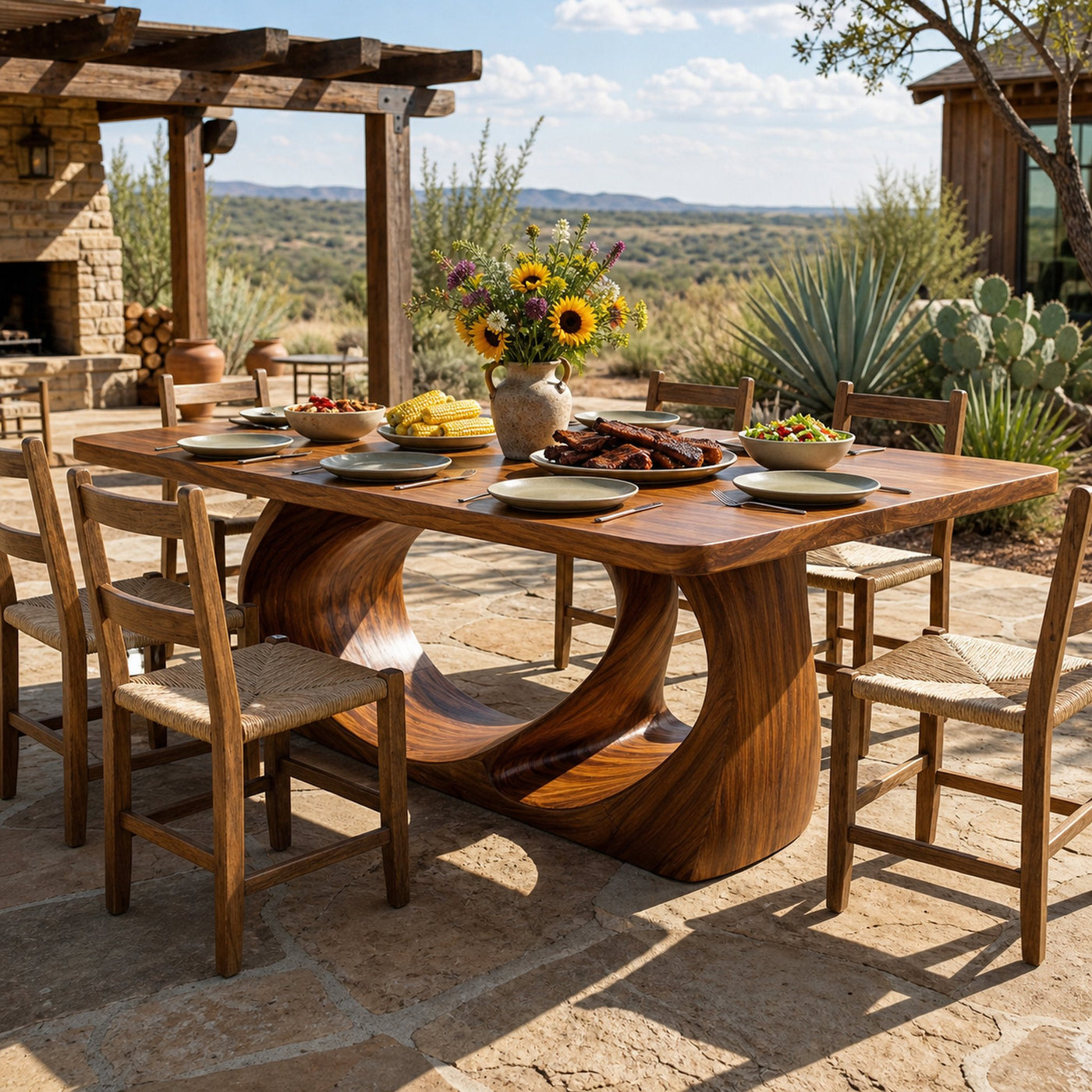 Wooden Dining Table With Artistic Base For Dining Room