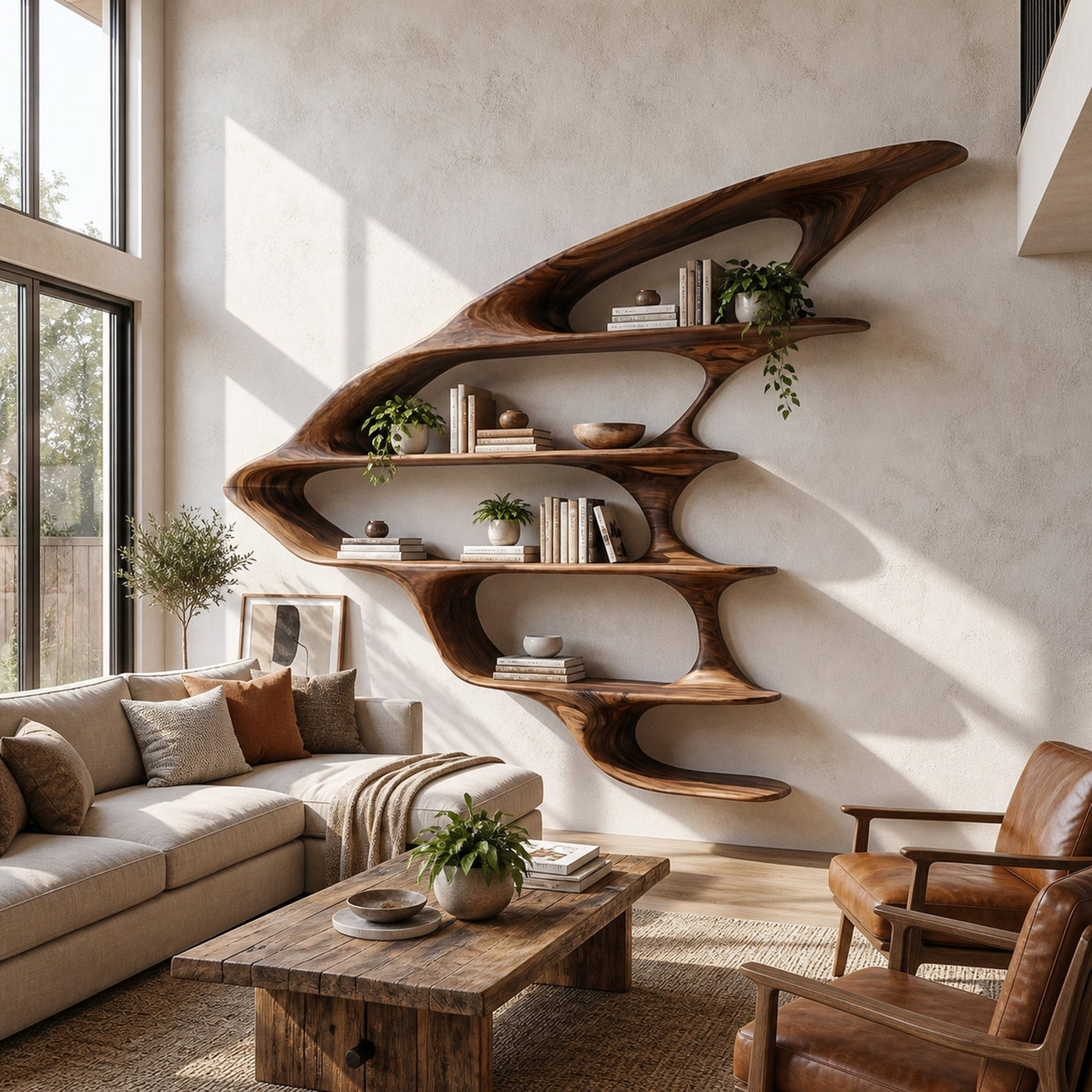 Wooden Floating Bookshelf Unique Design For Living Room Wall