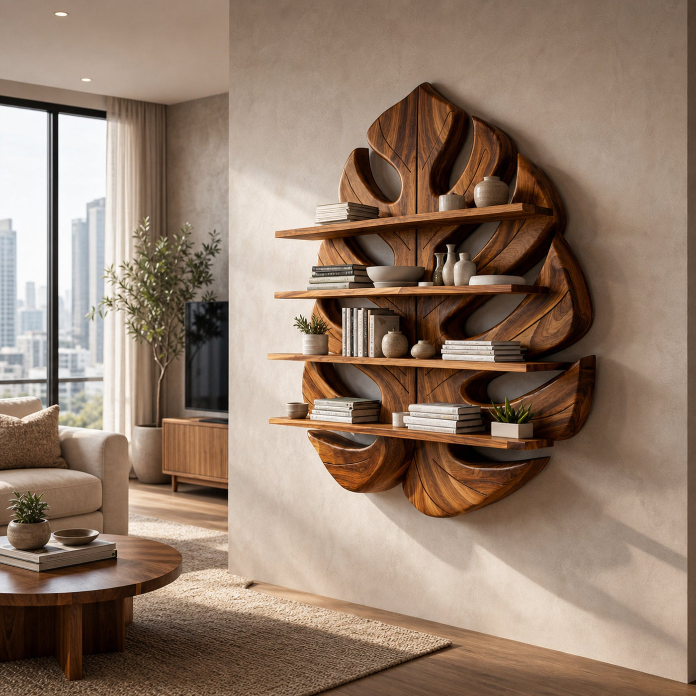 Wooden Leaf Bookshelf For Living Room Plant And Book Display
