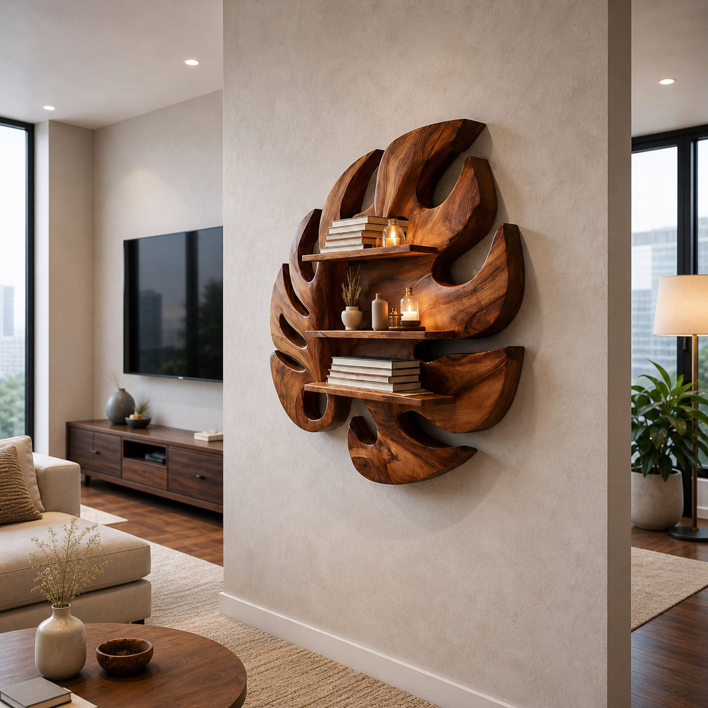 Wooden Leaf Inspired Wall Mounted Bookshelf For Living Decor