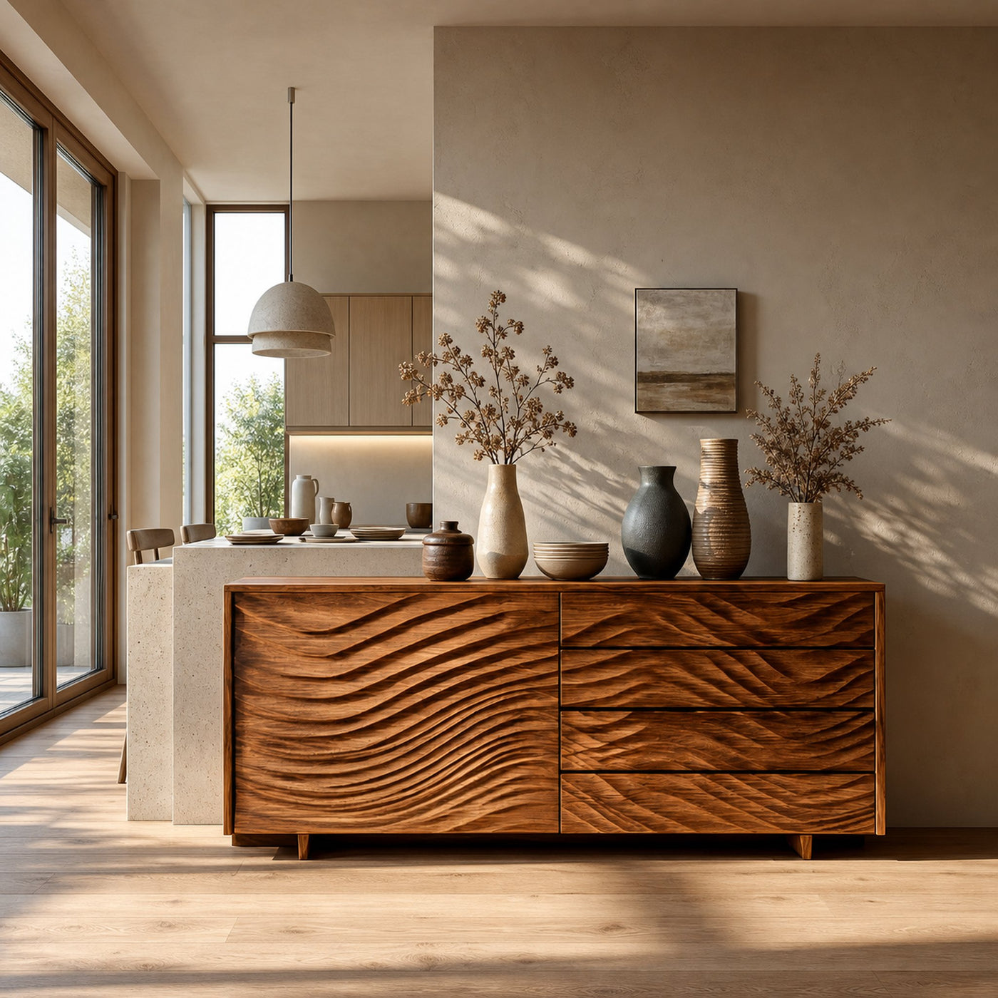Wooden Sideboard With Sculpted Wave Doors For Modern Interior