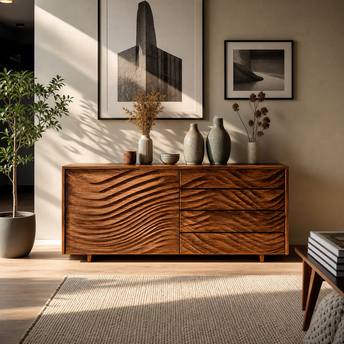 Wooden Sideboard With Sculpted Wave Doors For Modern Interior - product view 2