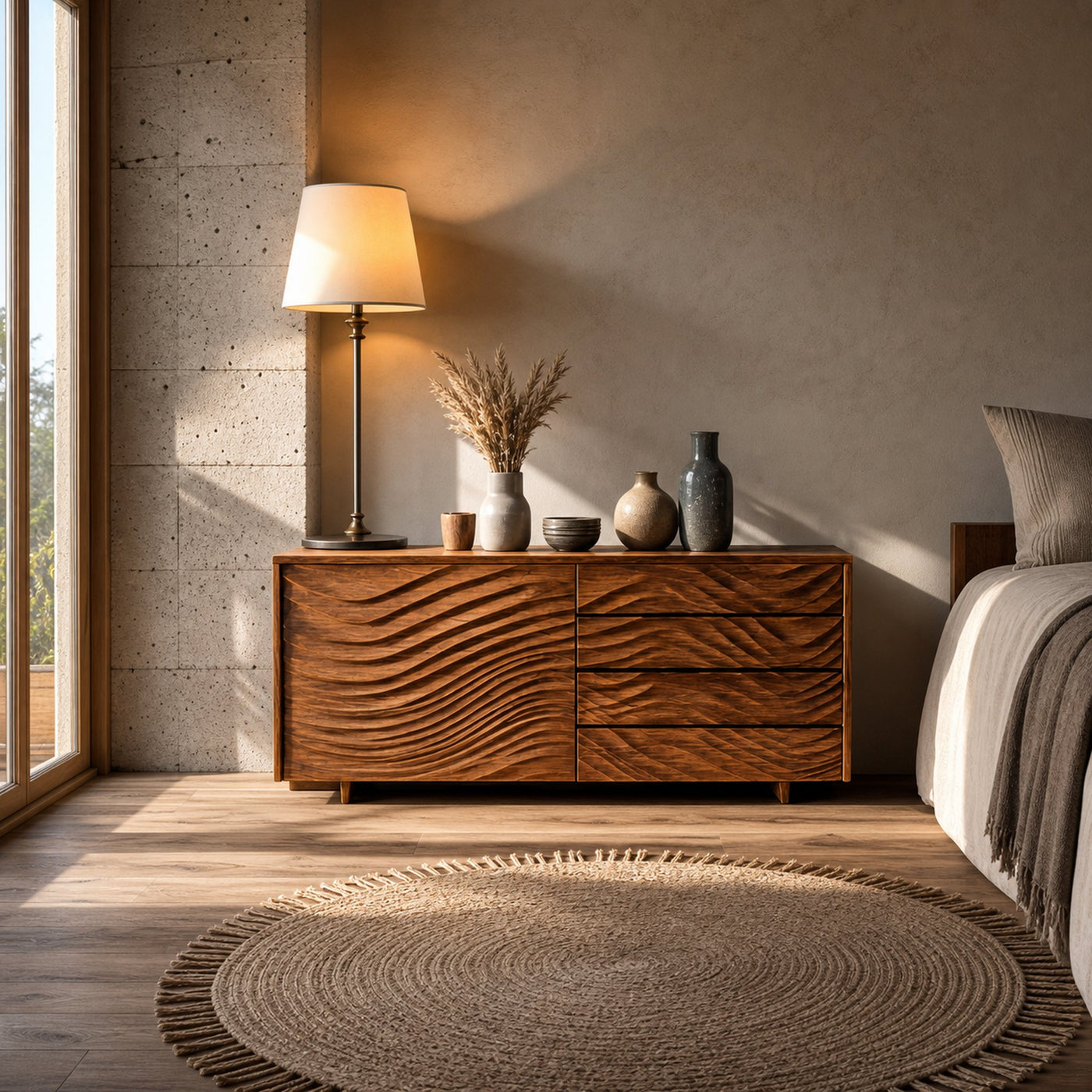 Wooden Sideboard With Sculpted Wave Doors For Modern Interior - product view 3