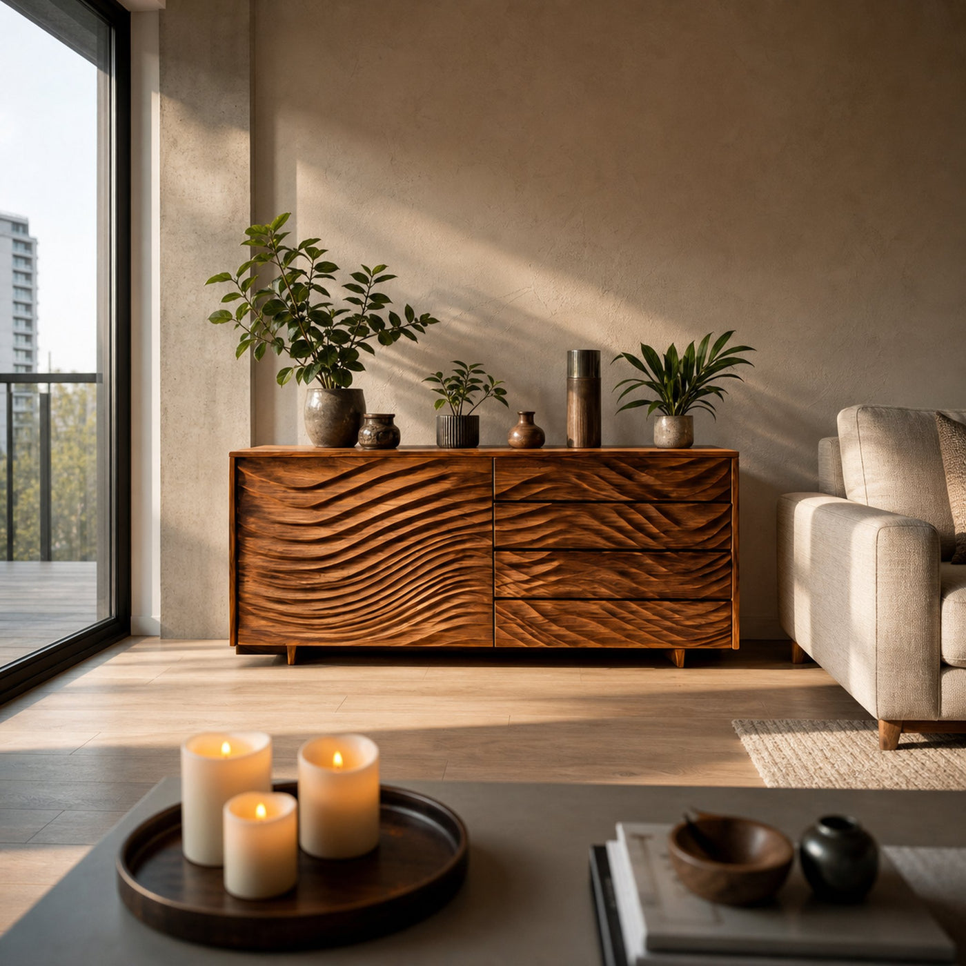 Wooden Sideboard With Sculpted Wave Doors For Modern Interior - product view 4