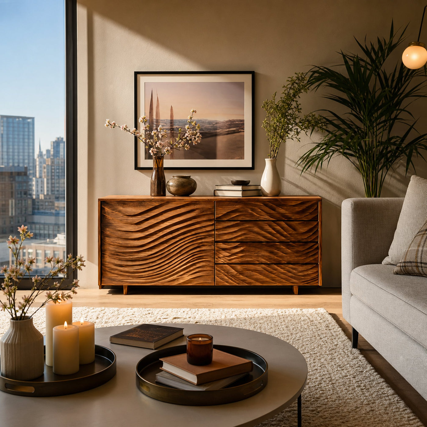 Wooden Sideboard With Sculpted Wave Doors For Modern Interior - product view 5