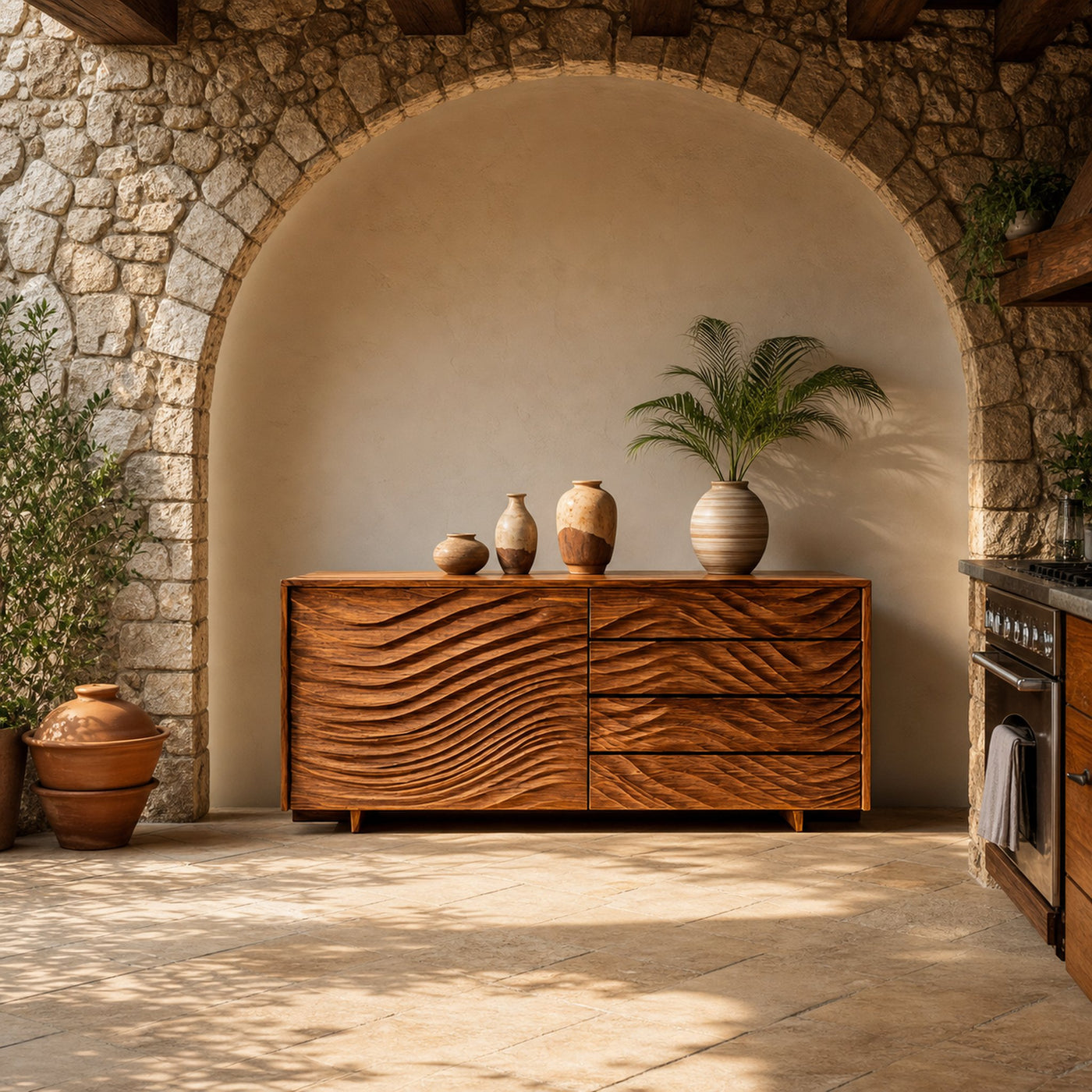 Wooden Sideboard With Sculpted Wave Doors For Modern Interior - product view 6