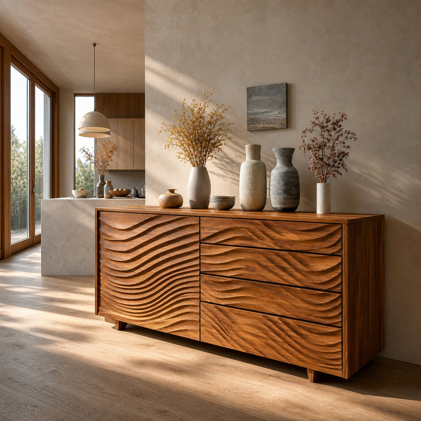 Wooden Sideboard With Sculpted Wave Doors For Modern Interior - product view 7