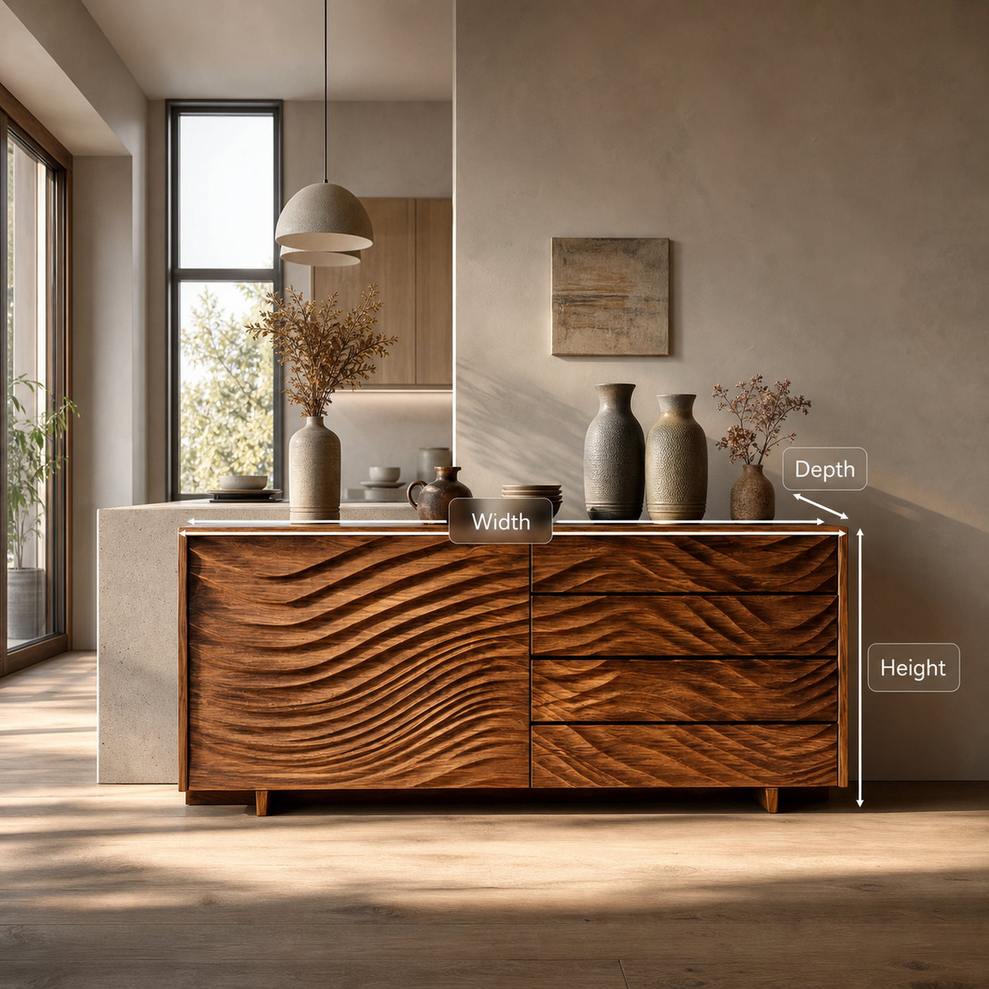 Wooden Sideboard With Sculpted Wave Doors For Modern Interior - product view 8