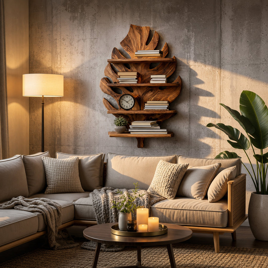 Wooden Tropical Leaf Wall Bookshelf For Living Room