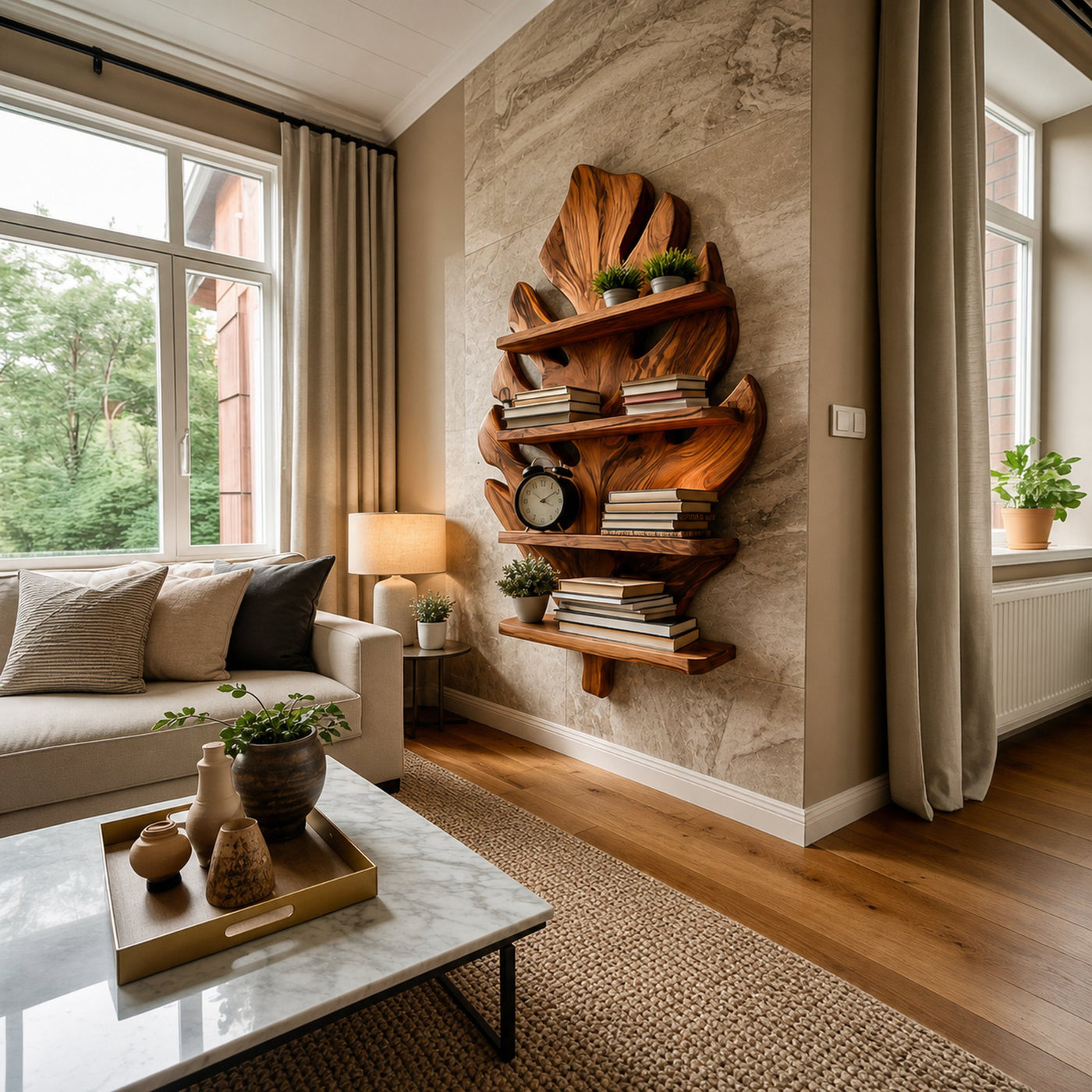 Wooden Tropical Leaf Wall Bookshelf For Living Room - product view 7