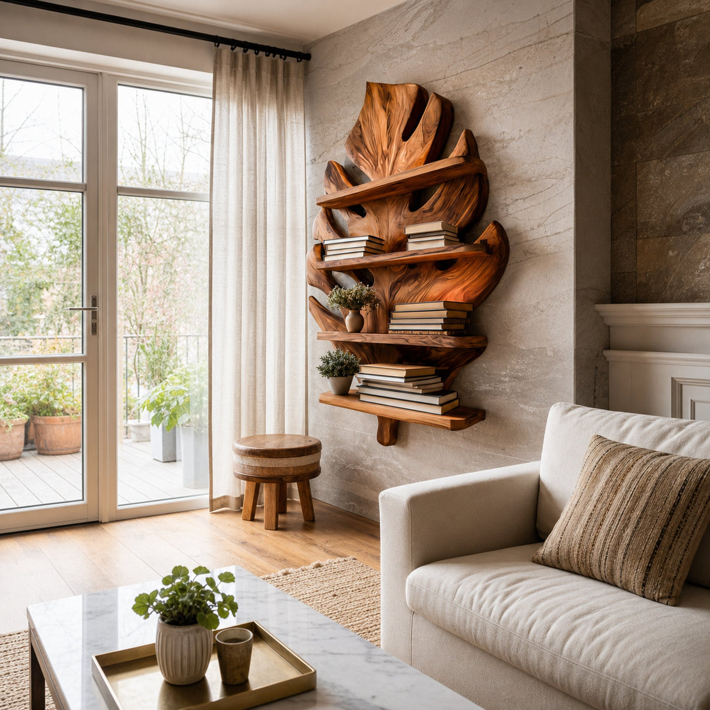 Wooden Tropical Leaf Wall Bookshelf For Living Room - product view 8