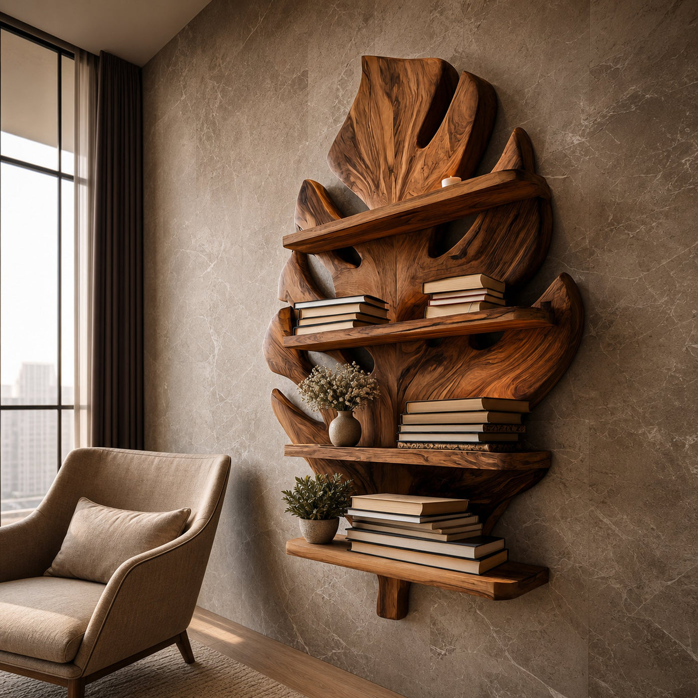 Wooden Tropical Leaf Wall Bookshelf For Living Room - product view 9