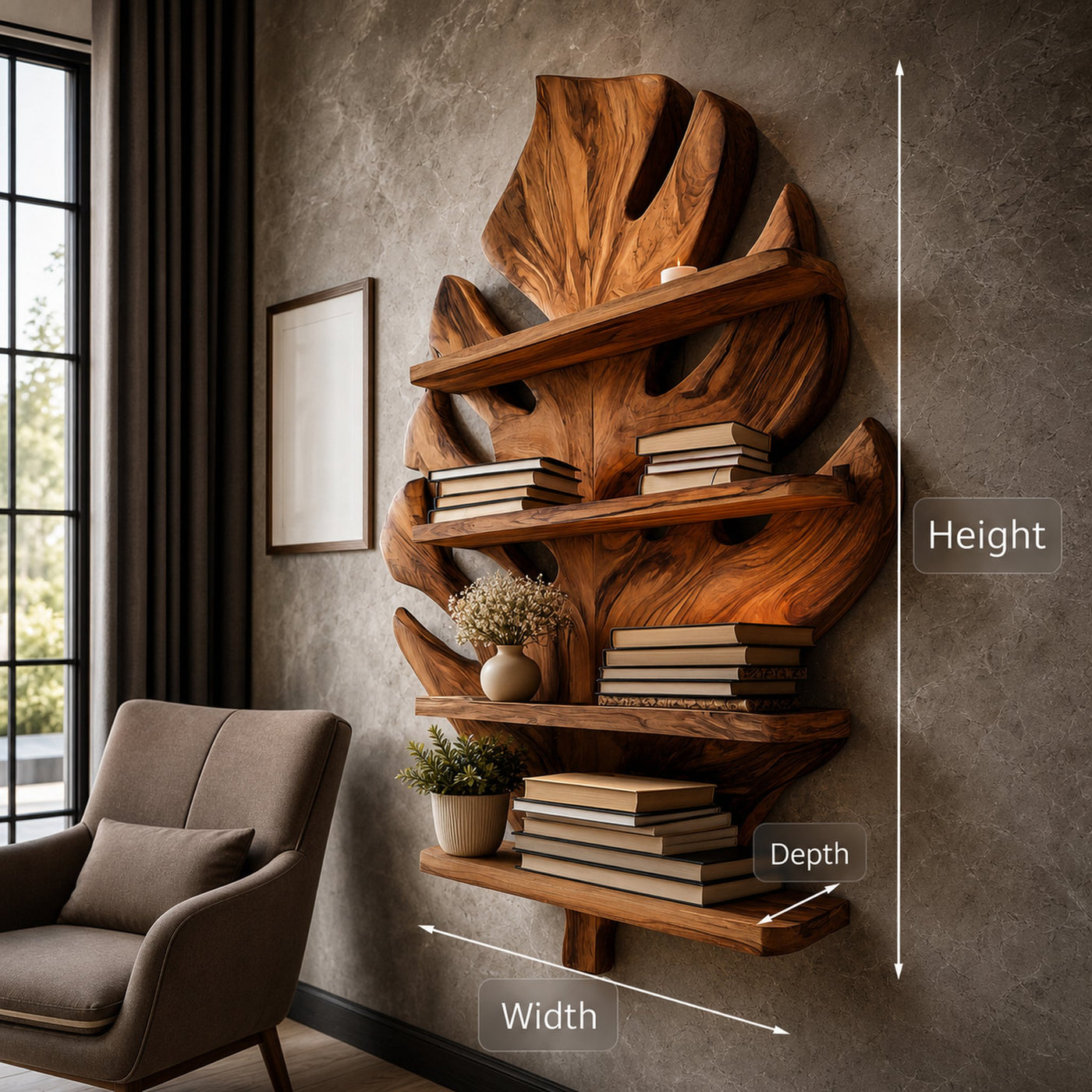 Wooden Tropical Leaf Wall Bookshelf For Living Room - product view 10