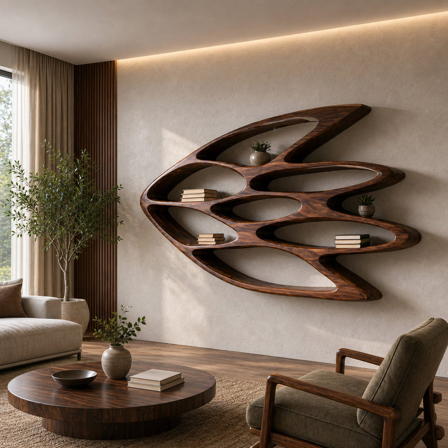 Wooden Wall Bookshelf With Unique Shape For Living Room Wall