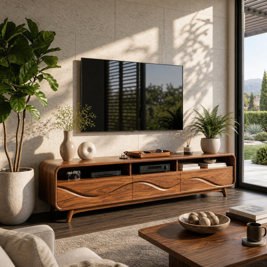 Contemporary TV Stand Low With Open Shelf For Home Interior