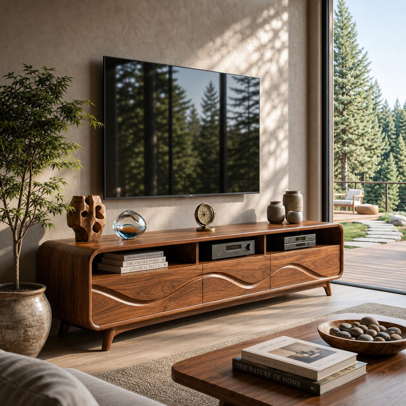 Contemporary TV Stand Low With Open Shelf For Home Interior - product view 6
