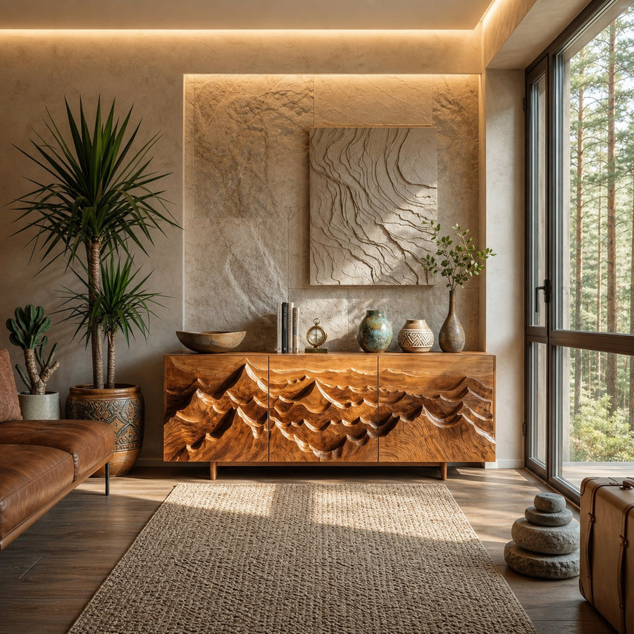 Modern Sideboard With Layered Mountain Carving For Living Room