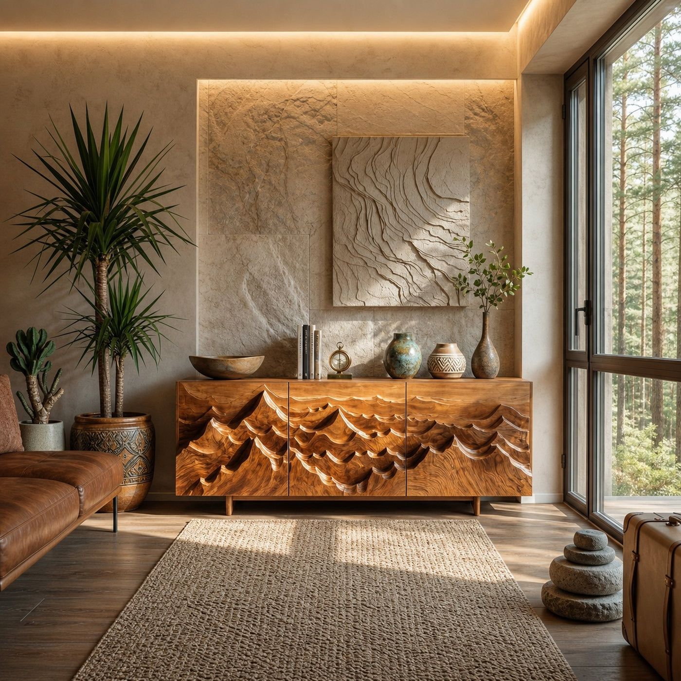 Modern Sideboard With Layered Mountain Carving For Living Room