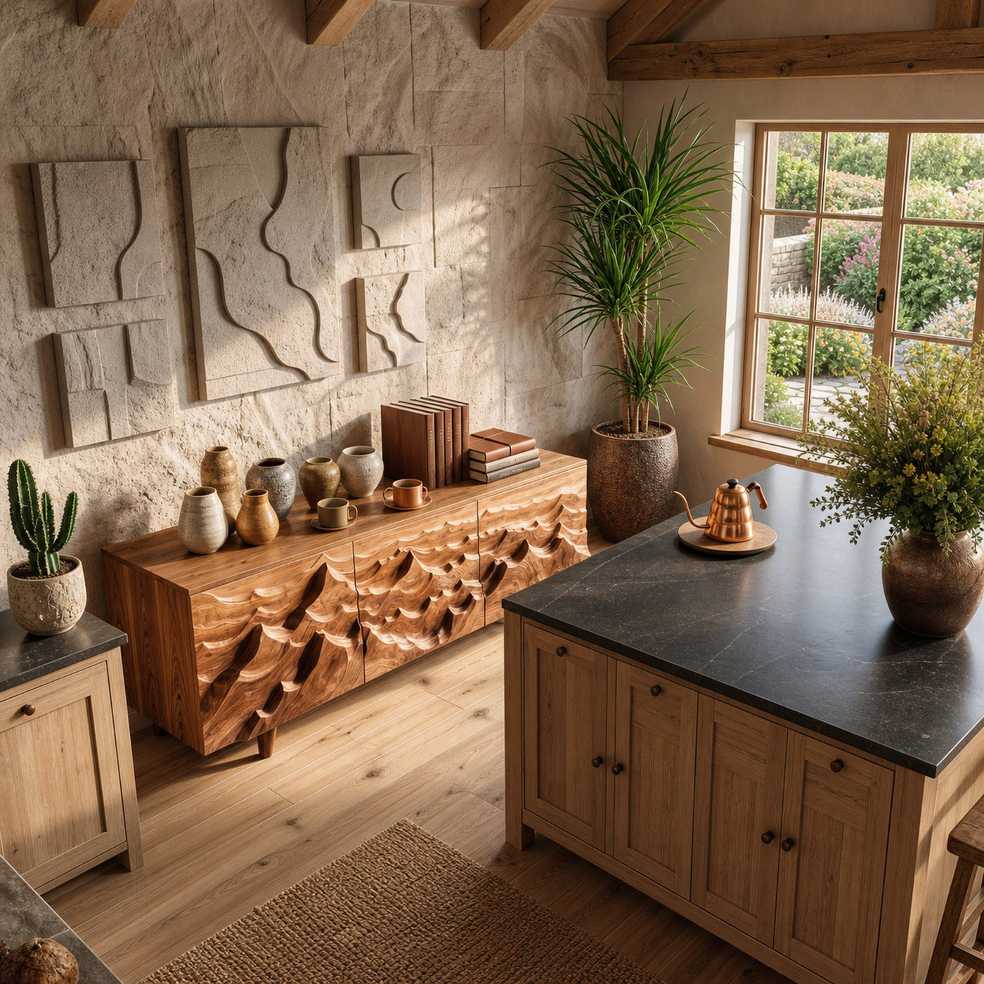 Modern Sideboard With Layered Mountain Carving For Living Room - product view 3