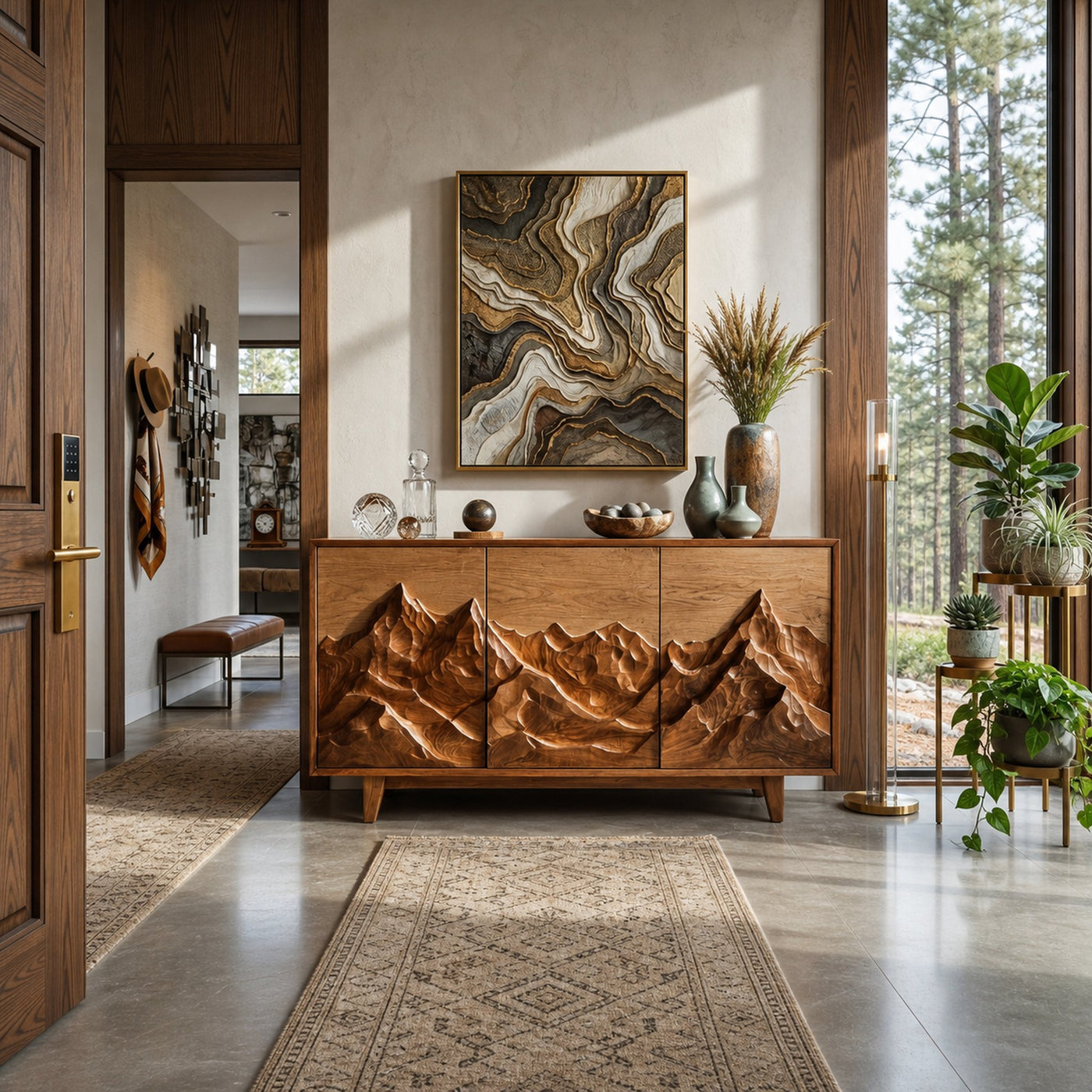 Modern Wood Sideboard With Mountain Relief For Home Interior