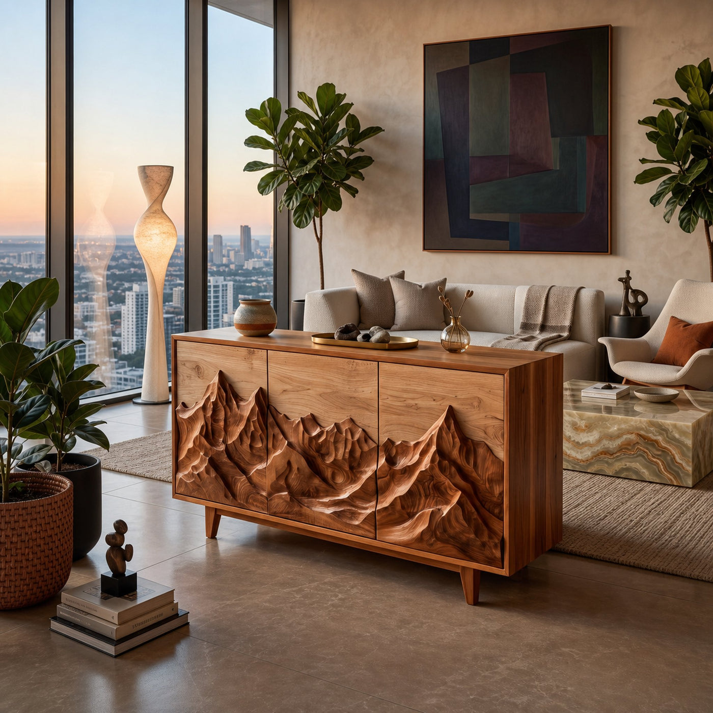 Modern Wood Sideboard With Mountain Relief For Home Interior - product view 2