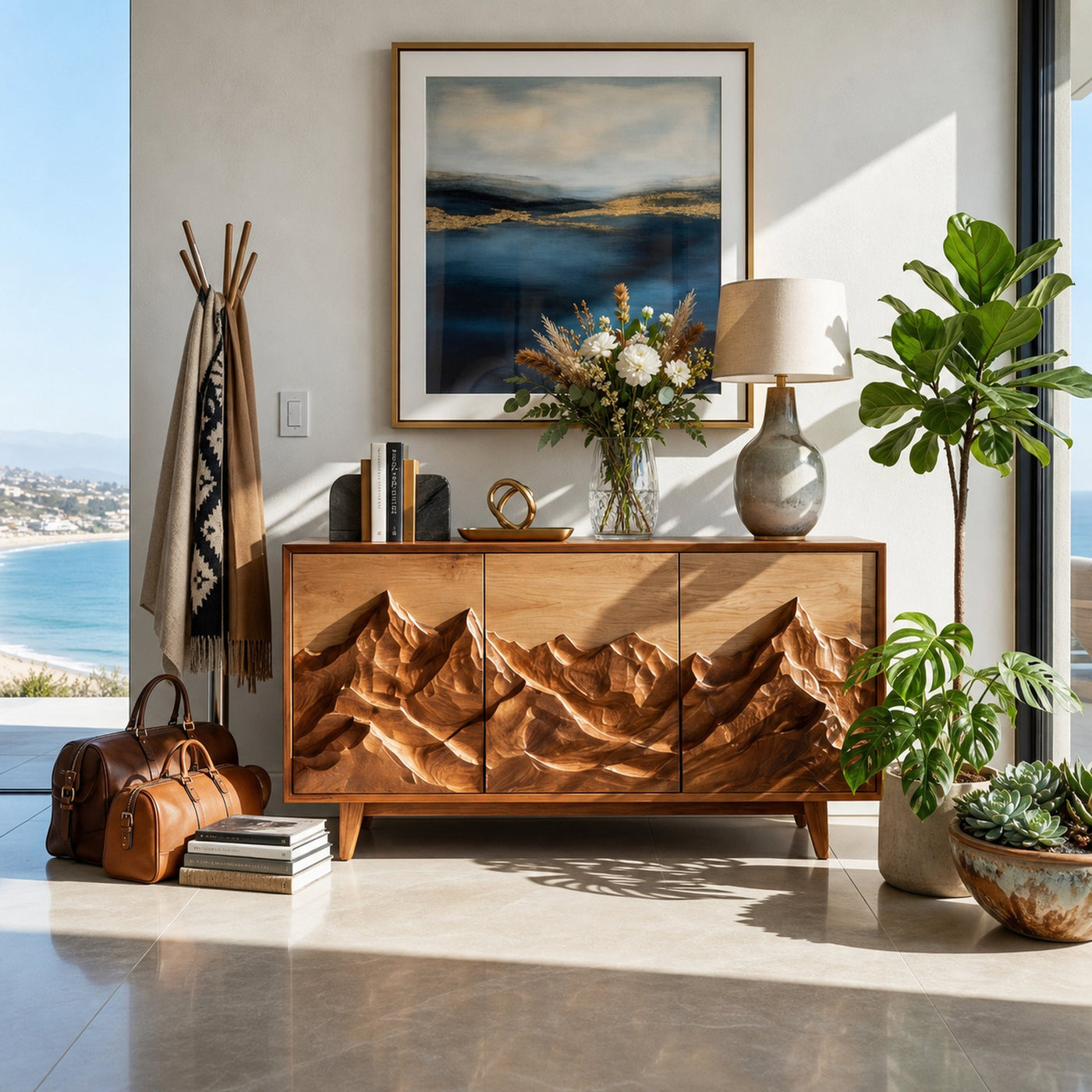 Modern Wood Sideboard With Mountain Relief For Home Interior - product view 6