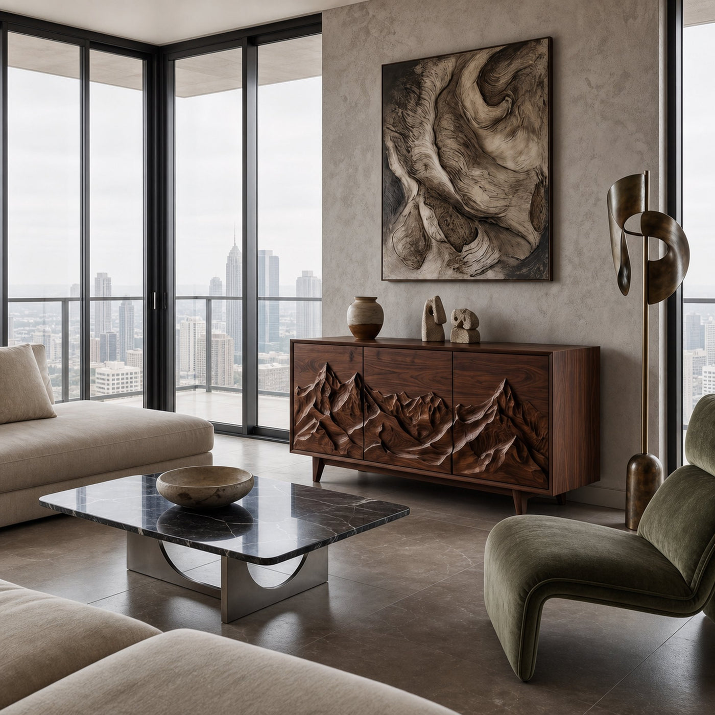 Modern Wood Sideboard With Mountain Relief For Home Interior - product view 7