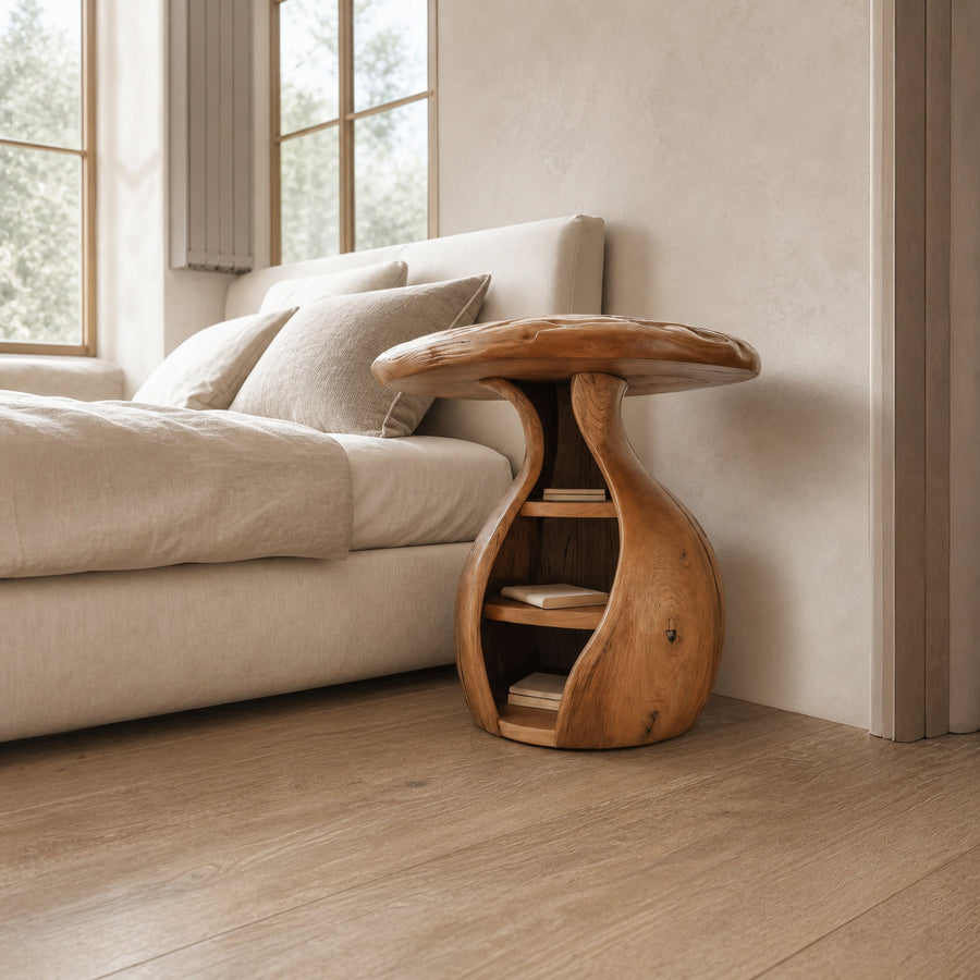 Artistic Wooden Bedside Table With Curved Design And Shelves For Bedroom
