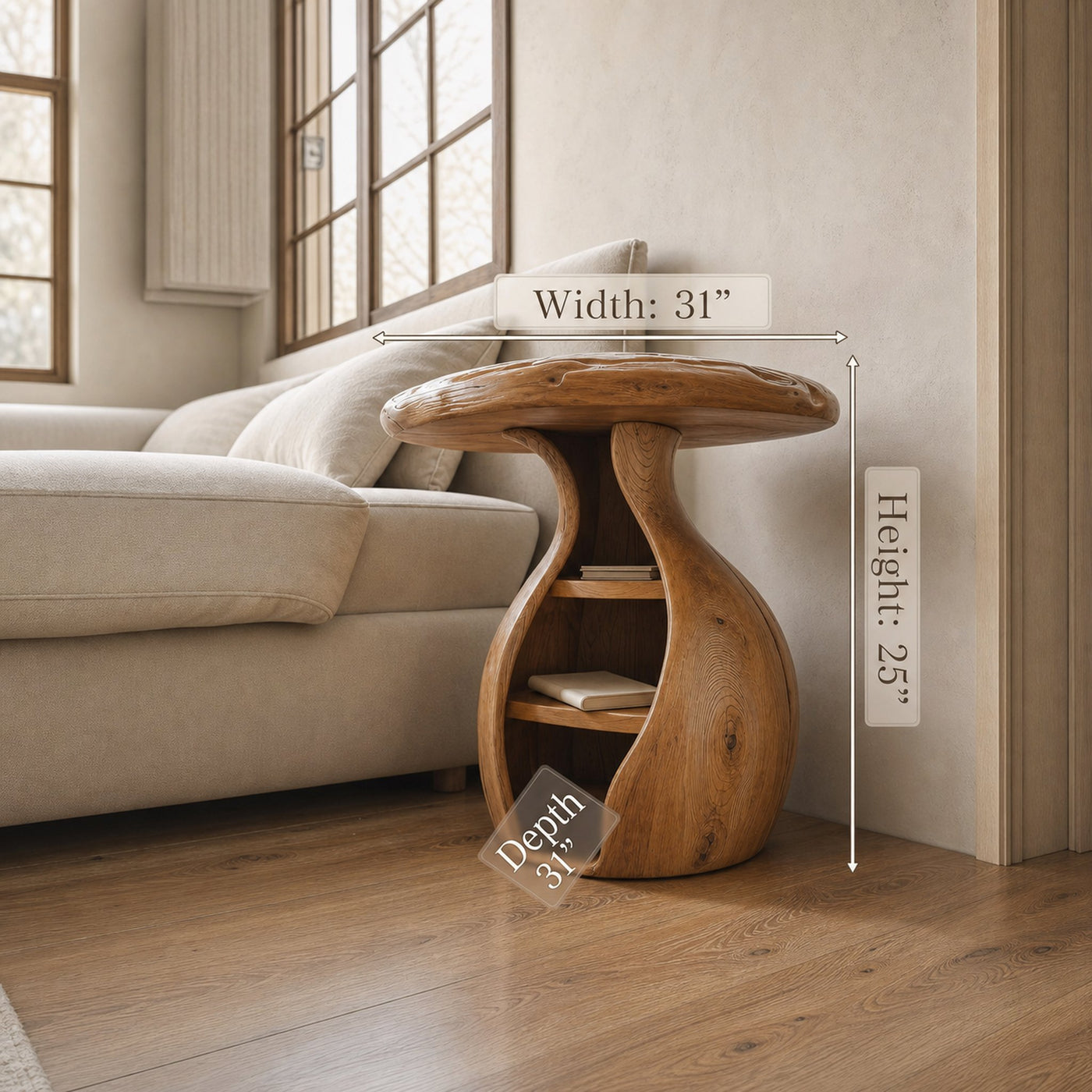 Artistic Wooden Bedside Table With Curved Design And Shelves For Bedroom - product view 6