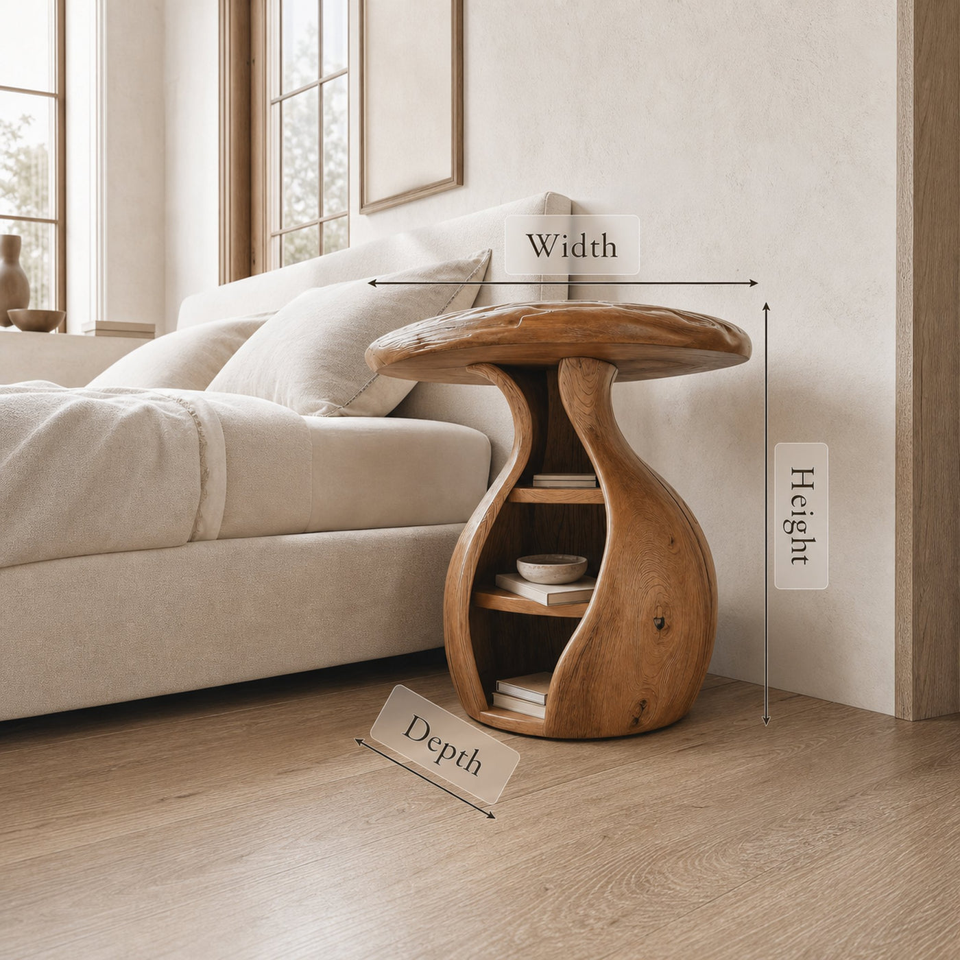 Artistic Wooden Bedside Table With Curved Design And Shelves For Bedroom - product view 7