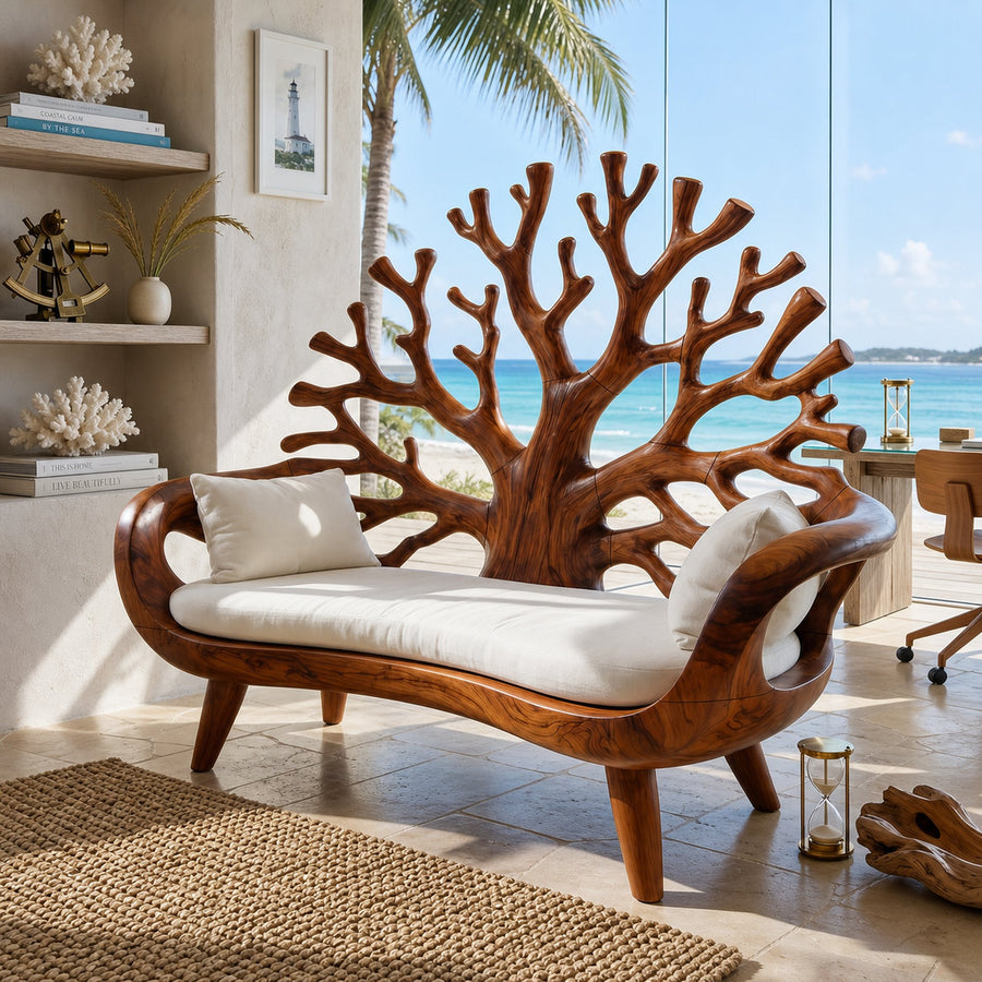 Contemporary Coral Branch Carved Bench For Sunroom Interior Area