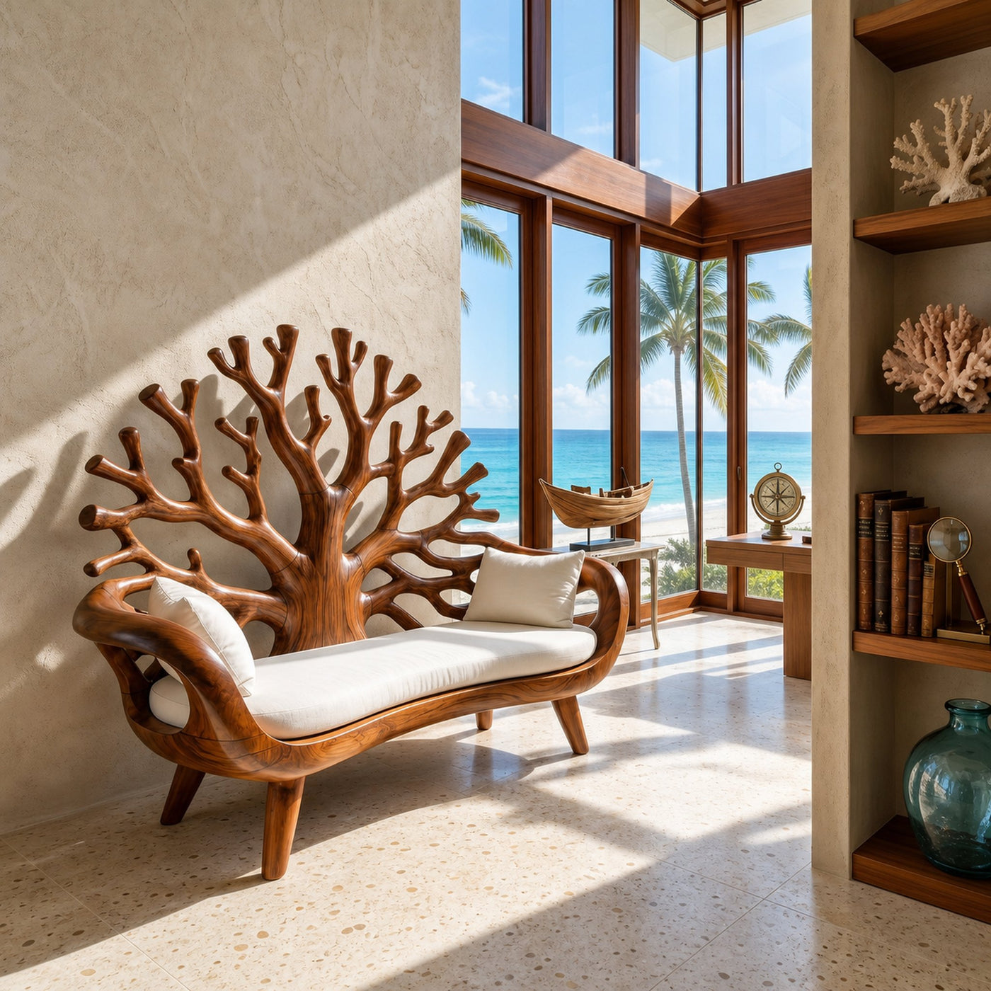 Contemporary Coral Branch Carved Bench For Sunroom Interior Area - product view 6