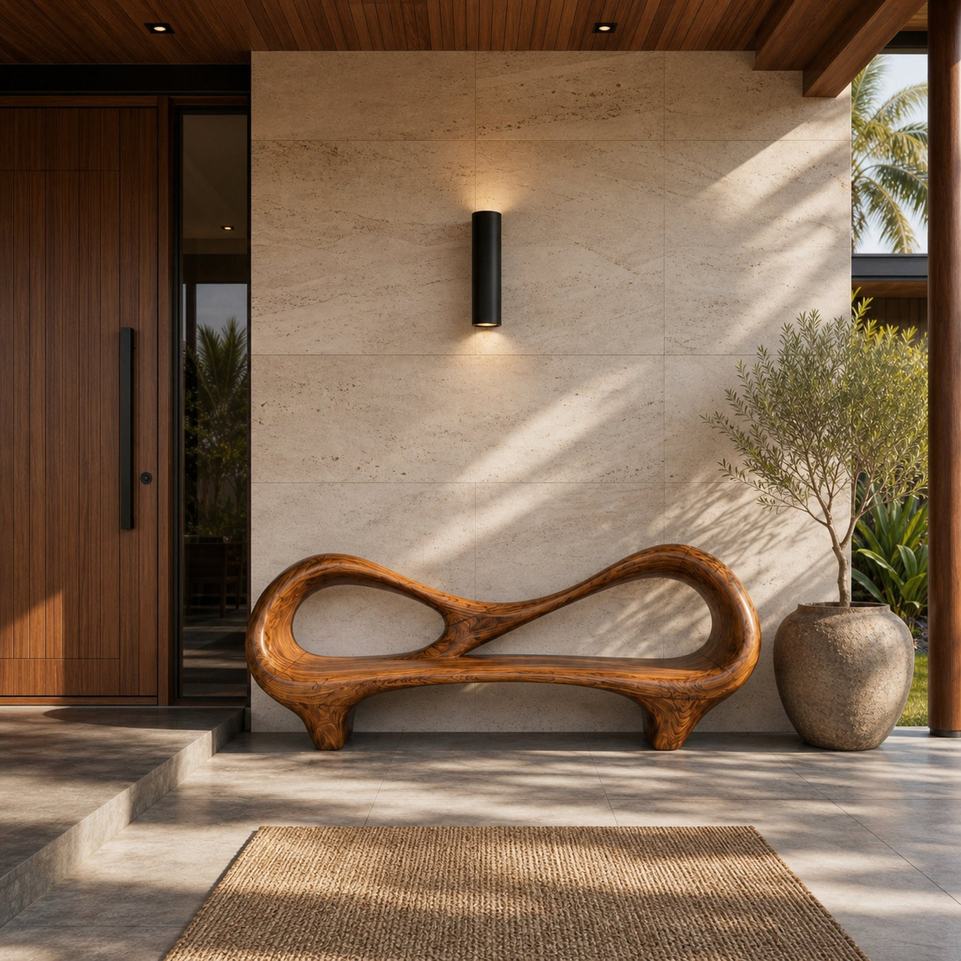 Contemporary Entryway Bench With Sculptural Cutout Frame For Designer Interiors - product view 6