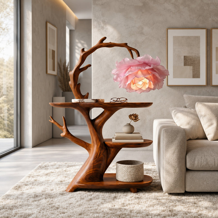 Contemporary Side Table With Floral Accent Lamp For Bedroom And Lounge