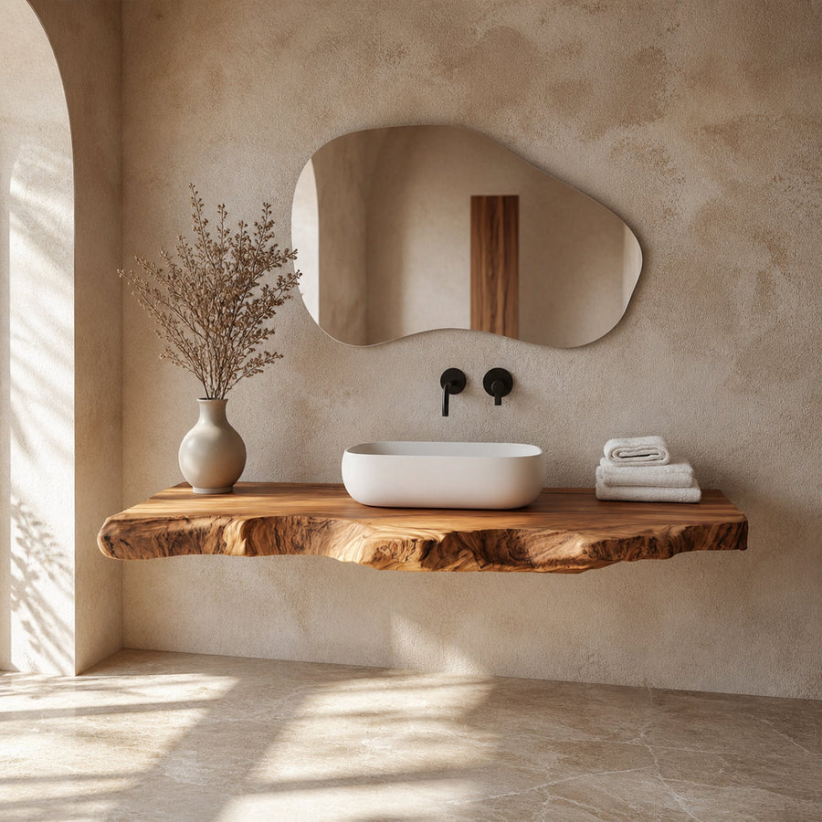 Contemporary Spa Bathroom Vanity Floating Live Edge Wood Counter
