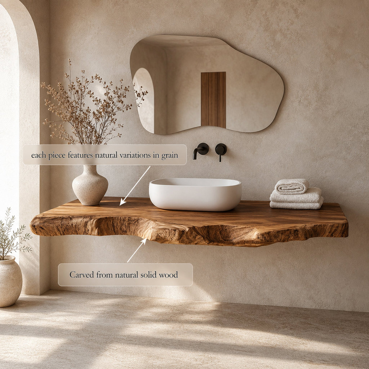 Contemporary Spa Bathroom Vanity Floating Live Edge Wood Counter - product view 4