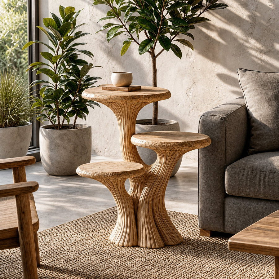 Contemporary Tiered Side Table With Sculptural Solid Wood Design For Living Room And Bedroom