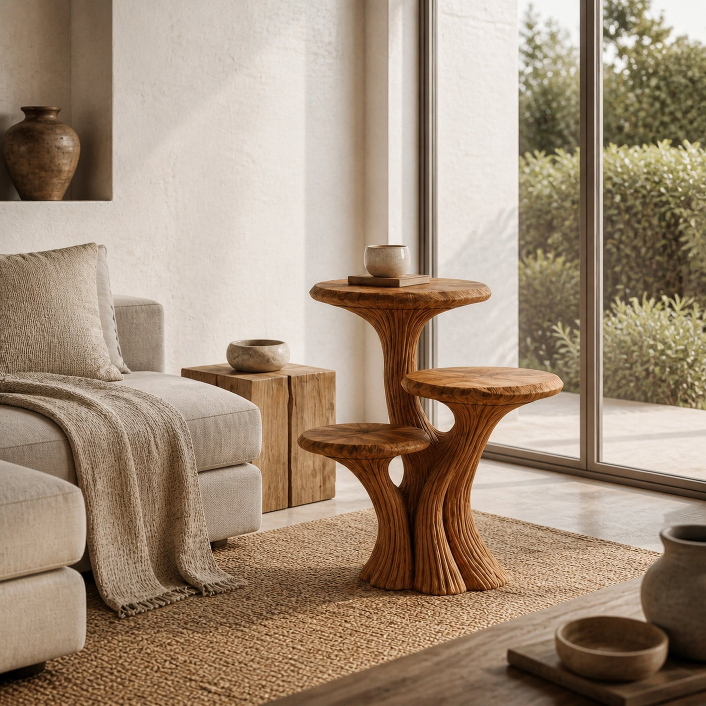 Contemporary Tiered Side Table With Sculptural Solid Wood Design For Living Room And Bedroom - product view 6