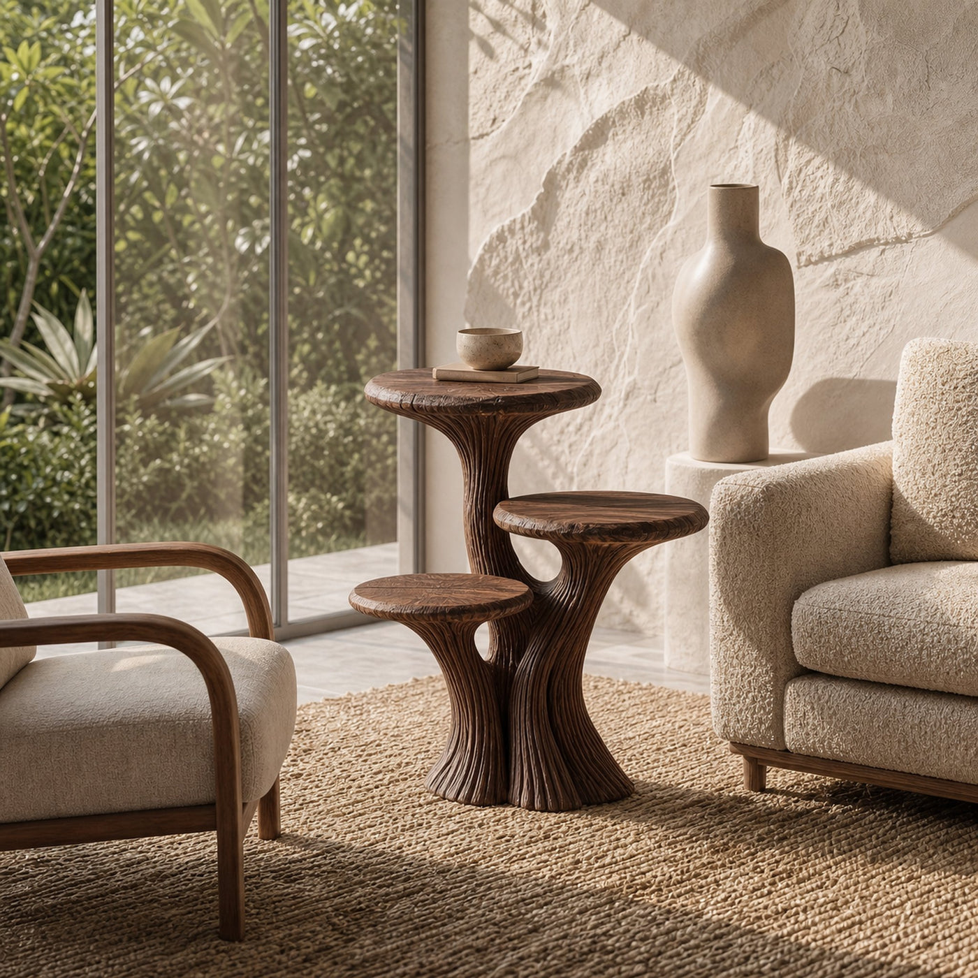 Contemporary Tiered Side Table With Sculptural Solid Wood Design For Living Room And Bedroom - product view 7