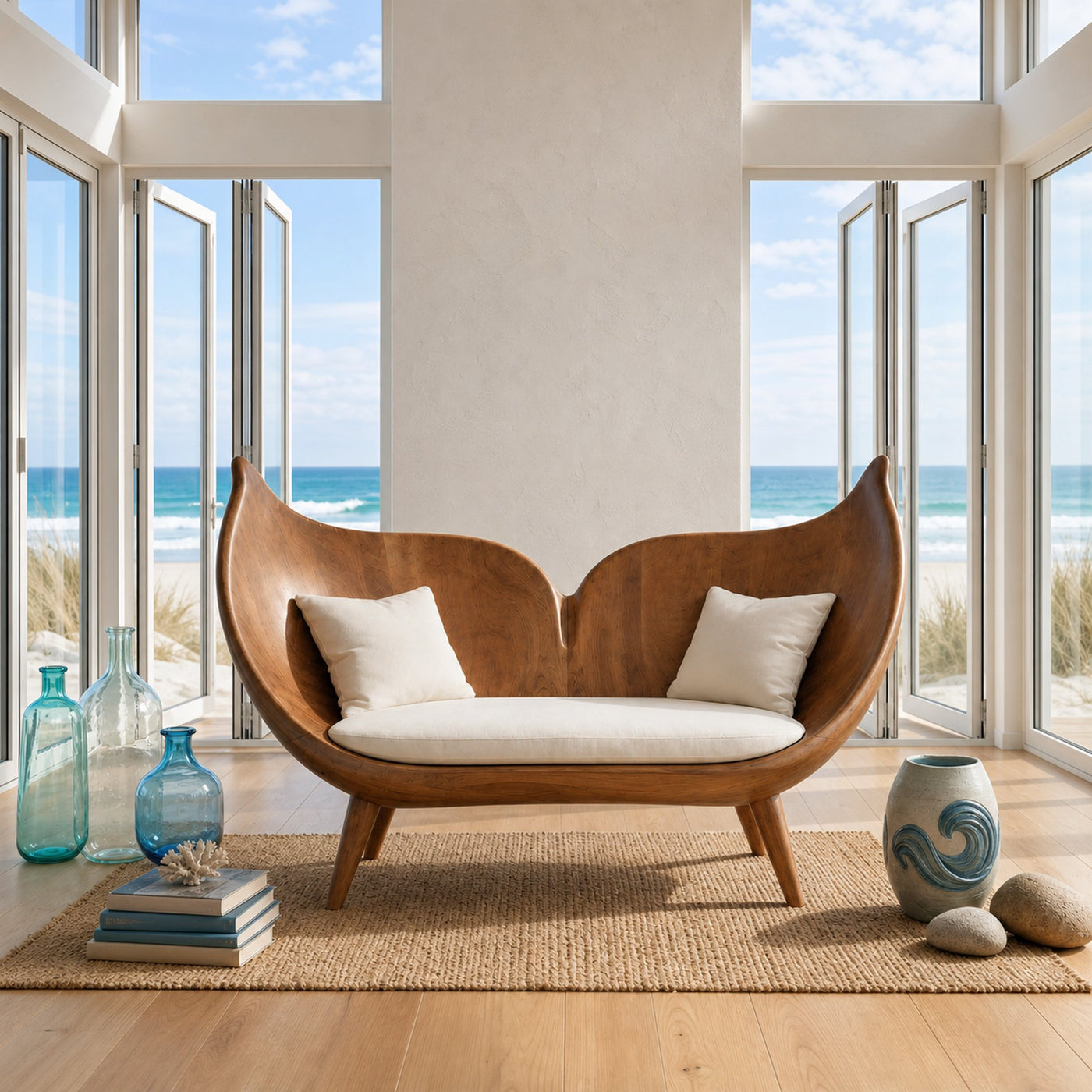 Contemporary Whale Tail Carved Bench For Living Room Interior - product view 6
