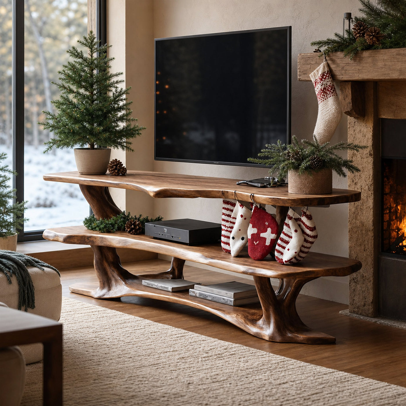 Farmhouse Live Edge Wooden TV Console For Holiday Bedroom Decor