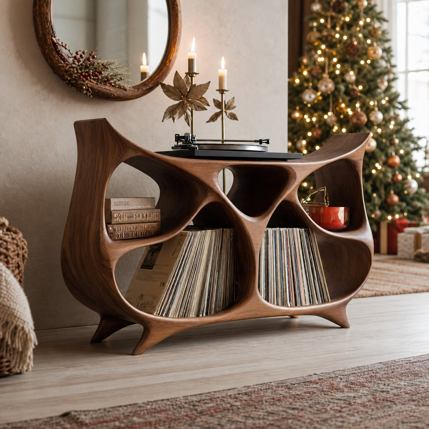 Farmhouse Record Stand For Warm Christmas Living Space