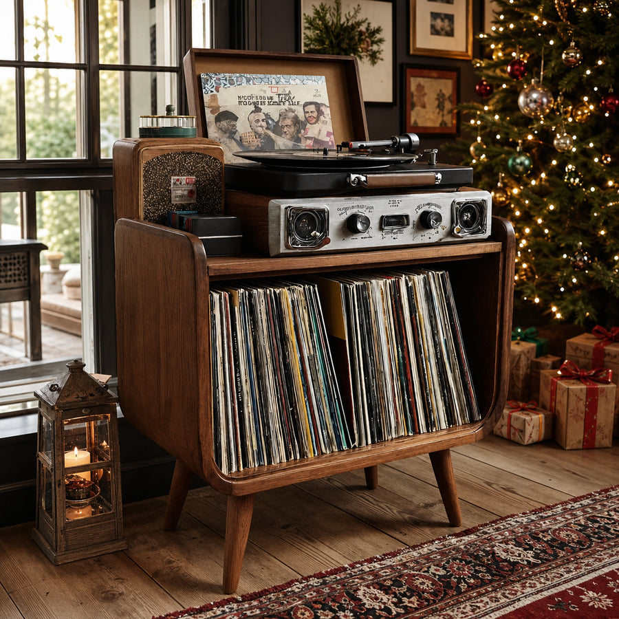 Farmhouse Solid Wood Record Stand For Cozy Christmas Decor