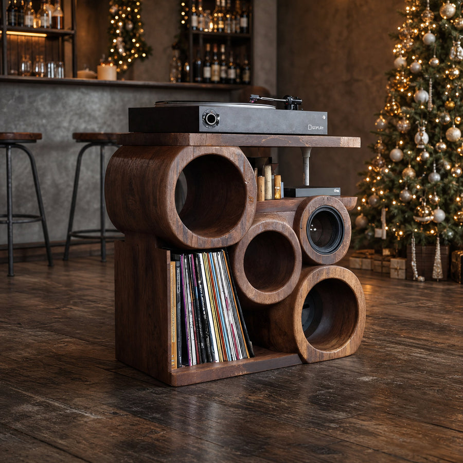 Farmhouse Solid Wood Record Stand For Rustic Christmas Home
